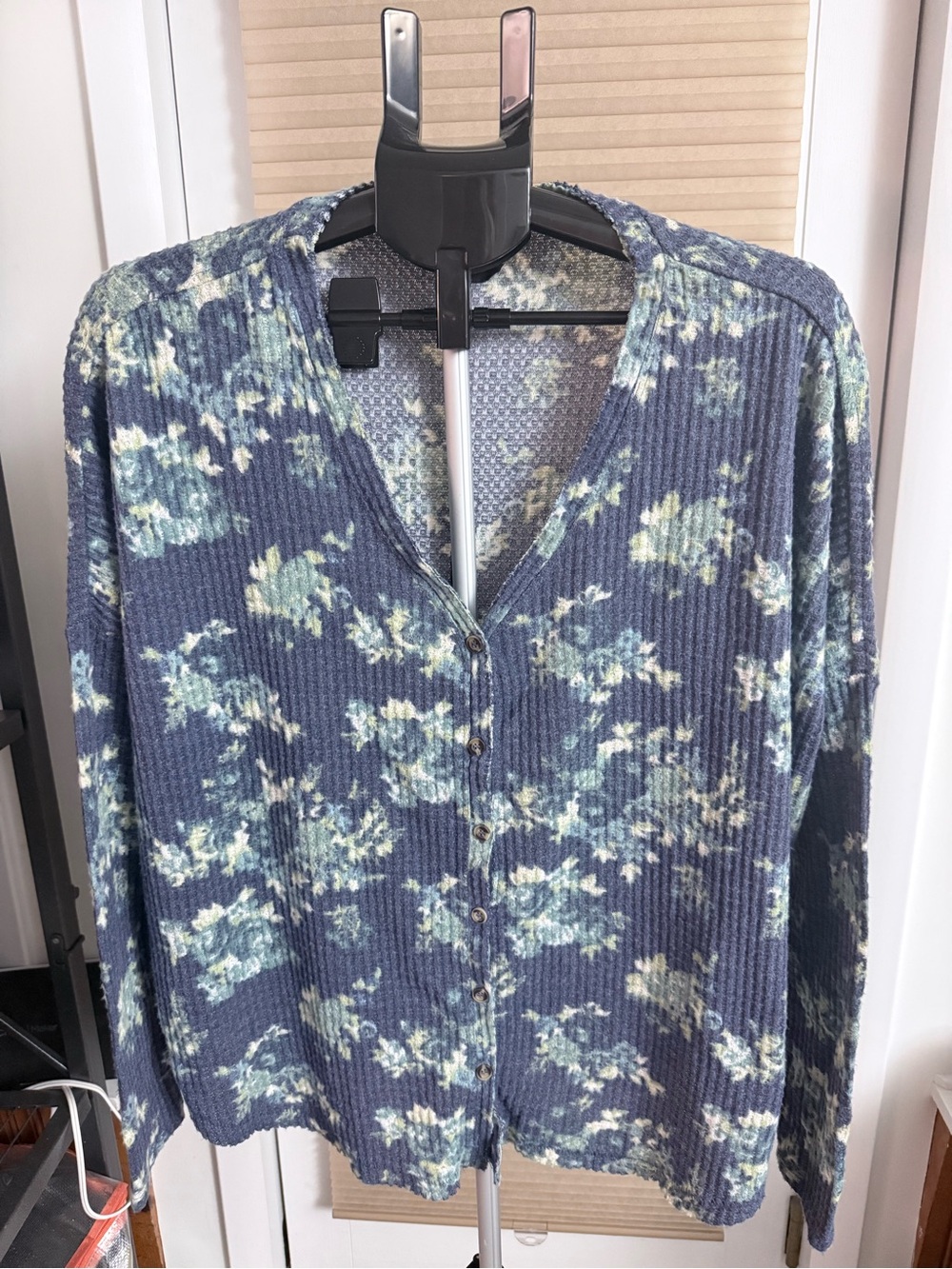 Out from under Urban Outfitters Blue Floral oversized Waffle-Knit button down SP